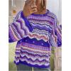 imageFloerns Womens Colorful Sweater Crochet Open Knit Long Sleeve Drop Shoulder Oversized SweaterPurple White Multi