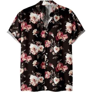 imageFloerns Mens Casual Tropical Print Button Down Short Sleeve Hawaiian ShirtBlack Ink
