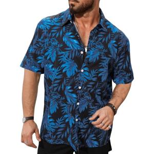 imageFloerns Mens Casual Tropical Print Button Down Short Sleeve Hawaiian ShirtBlue Leaf
