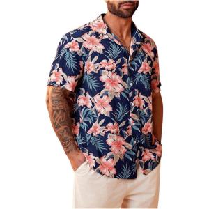 imageFloerns Mens Casual Tropical Print Button Down Short Sleeve Hawaiian ShirtBlue Pink Floral