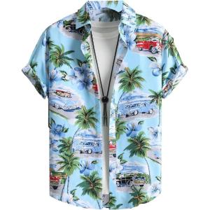 imageFloerns Mens Casual Tropical Print Button Down Short Sleeve Hawaiian ShirtOcean Blue Tropical