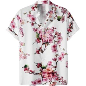 imageFloerns Mens Casual Tropical Print Button Down Short Sleeve Hawaiian ShirtPink Flower