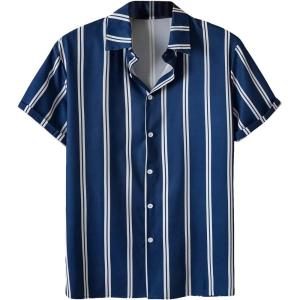 imageFloerns Mens Casual Tropical Print Button Down Short Sleeve Hawaiian ShirtStripe Blue