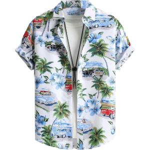 imageFloerns Mens Casual Tropical Print Button Down Short Sleeve Hawaiian ShirtWhite Blue Car