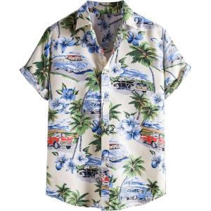 imageFloerns Mens Casual Tropical Print Button Down Short Sleeve Hawaiian ShirtWhite Car
