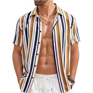 imageFloerns Mens Casual Tropical Print Button Down Short Sleeve Hawaiian ShirtYellow Multi
