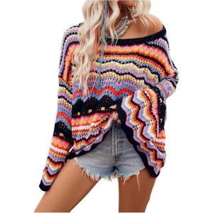 imageFloerns Womens Colorful Sweater Crochet Open Knit Long Sleeve Drop Shoulder Oversized SweaterBlue Multi