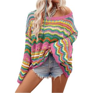 imageFloerns Womens Colorful Sweater Crochet Open Knit Long Sleeve Drop Shoulder Oversized SweaterGreen Multi