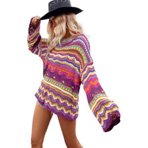 imageFloerns Womens Colorful Sweater Crochet Open Knit Long Sleeve Drop Shoulder Oversized SweaterHot Pink