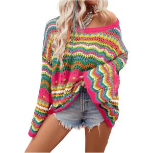 imageFloerns Womens Colorful Sweater Crochet Open Knit Long Sleeve Drop Shoulder Oversized SweaterHot Pink Multi
