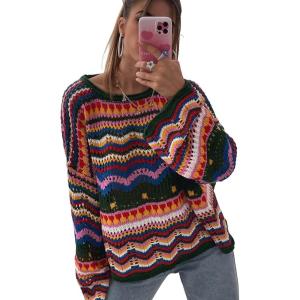 imageFloerns Womens Colorful Sweater Crochet Open Knit Long Sleeve Drop Shoulder Oversized SweaterMulticoloured