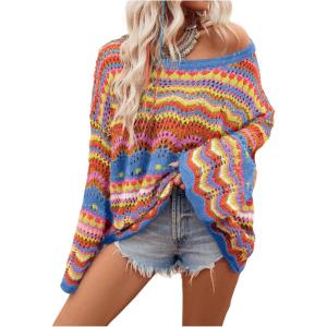 imageFloerns Womens Colorful Sweater Crochet Open Knit Long Sleeve Drop Shoulder Oversized SweaterOrange Multi