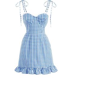 imageFloerns Womens Gingham Print tie Shoulder Sleeveless Ruffle Hem cami DressBlue and White