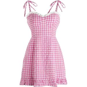 imageFloerns Womens Gingham Print tie Shoulder Sleeveless Ruffle Hem cami DressPink Plaid
