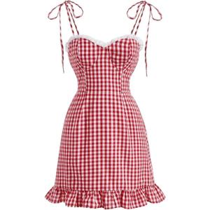 imageFloerns Womens Gingham Print tie Shoulder Sleeveless Ruffle Hem cami DressRed and White