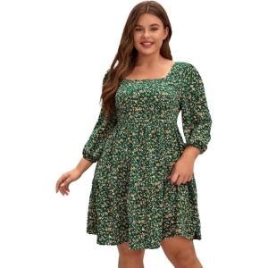 imageFloerns Womens Plus Size Printed Casual Square Neck Puff Sleeve A Line DressGreen Floral