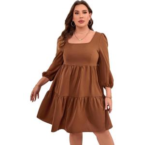 imageFloerns Womens Plus Size Printed Casual Square Neck Puff Sleeve A Line DressSolid Brown