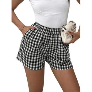 imageFloerns Womens Striped Print Elastic High Waist Wide Leg Casual ShortsBlack White Plaid