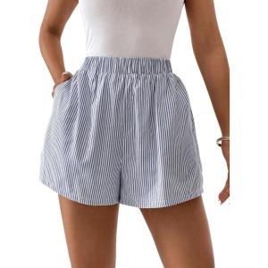 imageFloerns Womens Striped Print Elastic High Waist Wide Leg Casual ShortsBlue and White