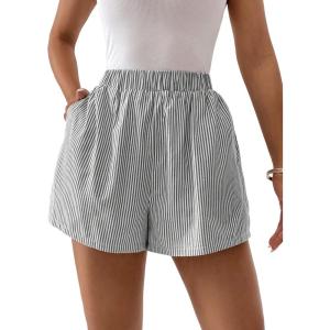 imageFloerns Womens Striped Print Elastic High Waist Wide Leg Casual ShortsGrey