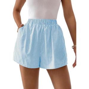 imageFloerns Womens Striped Print Elastic High Waist Wide Leg Casual ShortsLight Blue Striped