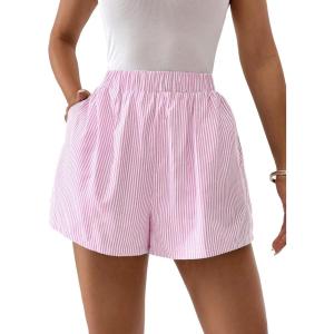 imageFloerns Womens Striped Print Elastic High Waist Wide Leg Casual ShortsPink