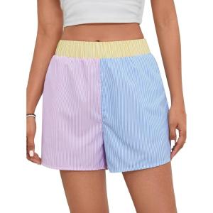 imageFloerns Womens Striped Print Elastic High Waist Wide Leg Casual ShortsPink and Blue