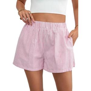 imageFloerns Womens Striped Print Elastic High Waist Wide Leg Casual ShortsRed and White