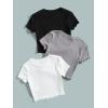 imageFloerns Girls 3 Pcs Short Sleeve Lettuce Trim Rib Knit Tee Shirt Crop TopBlack White Grey