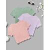 imageFloerns Girls 3 Pcs Short Sleeve Lettuce Trim Rib Knit Tee Shirt Crop TopGreen Purple Pink