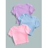 imageFloerns Girls 3 Pcs Short Sleeve Lettuce Trim Rib Knit Tee Shirt Crop TopPurple Pink Blue