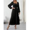 imageFloerns Womens Square Neck Lantern Long Sleeve Dress Split Ruched Party Midi DressesBlack
