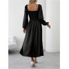 imageFloerns Womens Square Neck Lantern Long Sleeve Dress Split Ruched Party Midi DressesBlack
