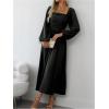 imageFloerns Womens Square Neck Lantern Long Sleeve Dress Split Ruched Party Midi DressesBlack