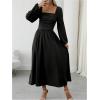 imageFloerns Womens Square Neck Lantern Long Sleeve Dress Split Ruched Party Midi DressesBlack
