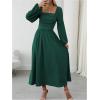 imageFloerns Womens Square Neck Lantern Long Sleeve Dress Split Ruched Party Midi DressesDark Green