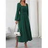 imageFloerns Womens Square Neck Lantern Long Sleeve Dress Split Ruched Party Midi DressesDark Green