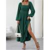 imageFloerns Womens Square Neck Lantern Long Sleeve Dress Split Ruched Party Midi DressesDark Green