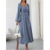 imageFloerns Womens Square Neck Lantern Long Sleeve Dress Split Ruched Party Midi DressesDusty Blue