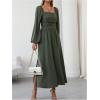 imageFloerns Womens Square Neck Lantern Long Sleeve Dress Split Ruched Party Midi DressesGreen