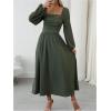 imageFloerns Womens Square Neck Lantern Long Sleeve Dress Split Ruched Party Midi DressesGreen