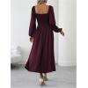 imageFloerns Womens Square Neck Lantern Long Sleeve Dress Split Ruched Party Midi DressesMaroon