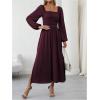 imageFloerns Womens Square Neck Lantern Long Sleeve Dress Split Ruched Party Midi DressesMaroon