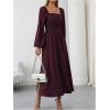 imageFloerns Womens Square Neck Lantern Long Sleeve Dress Split Ruched Party Midi DressesMaroon