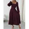 imageFloerns Womens Square Neck Lantern Long Sleeve Dress Split Ruched Party Midi DressesMaroon