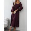 imageFloerns Womens Square Neck Lantern Long Sleeve Dress Split Ruched Party Midi DressesMaroon
