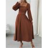 imageFloerns Womens Square Neck Lantern Long Sleeve Dress Split Ruched Party Midi DressesRust Brown