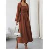 imageFloerns Womens Square Neck Lantern Long Sleeve Dress Split Ruched Party Midi DressesRust Brown