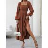 imageFloerns Womens Square Neck Lantern Long Sleeve Dress Split Ruched Party Midi DressesRust Brown