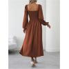 imageFloerns Womens Square Neck Lantern Long Sleeve Dress Split Ruched Party Midi DressesRust Brown